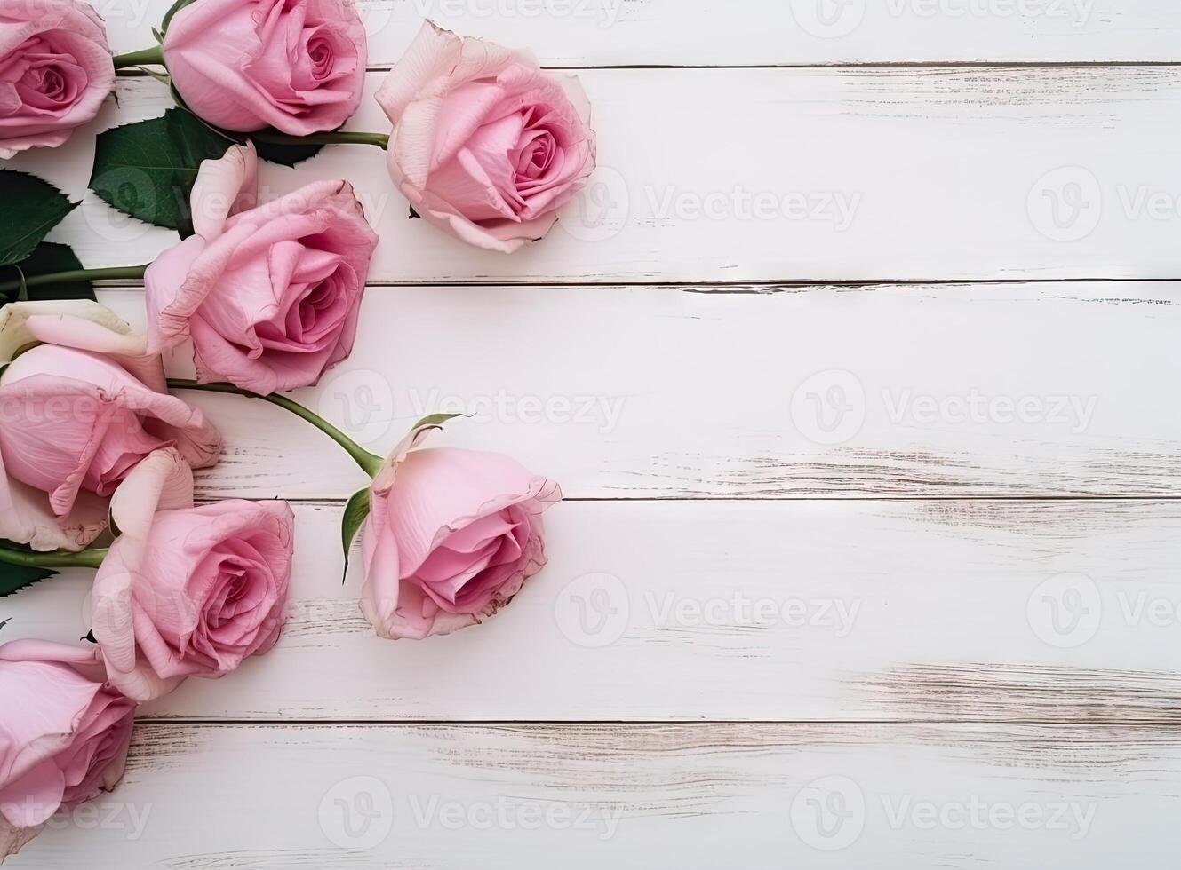 round frame wreath pattern with roses, pink flower buds, branches and leaves isolated on white background. flat lay, top view created with technology. photo