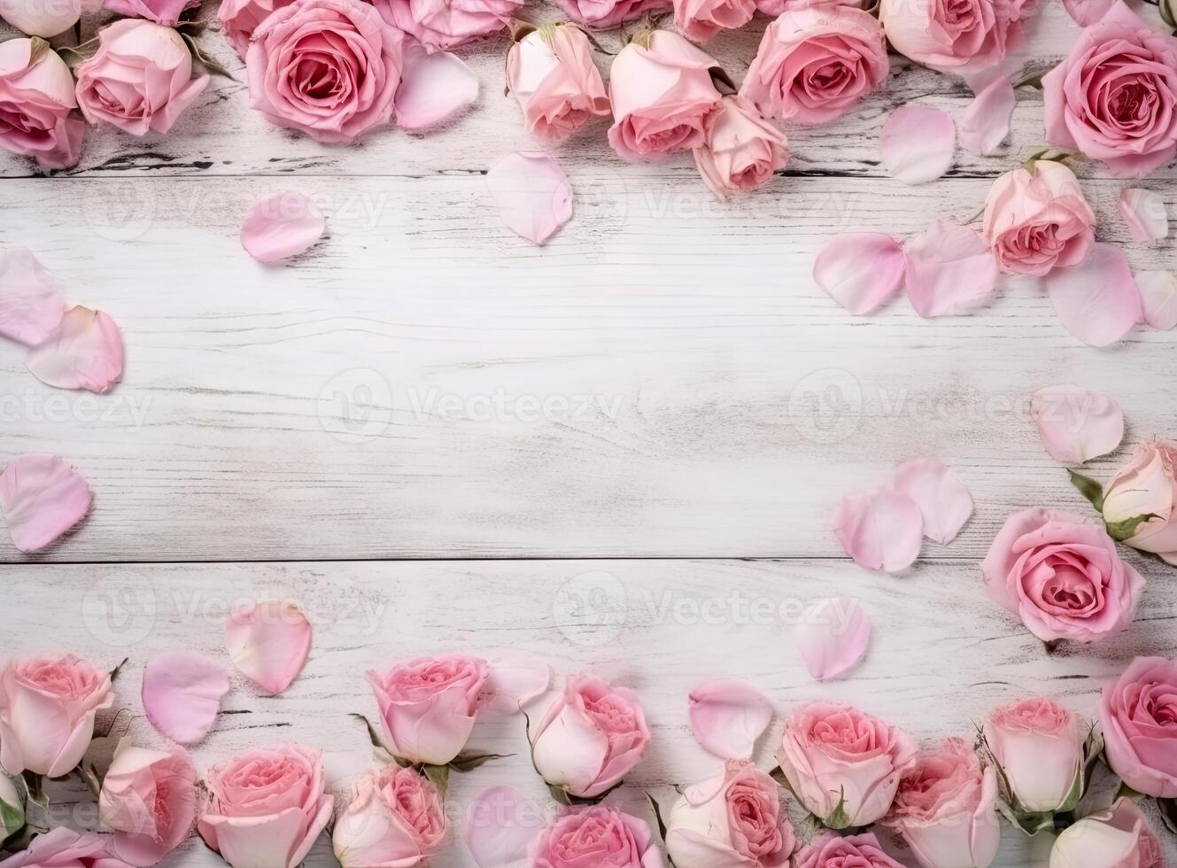 round frame wreath pattern with roses, pink flower buds, branches and leaves isolated on white background. flat lay, top view created with technology. photo