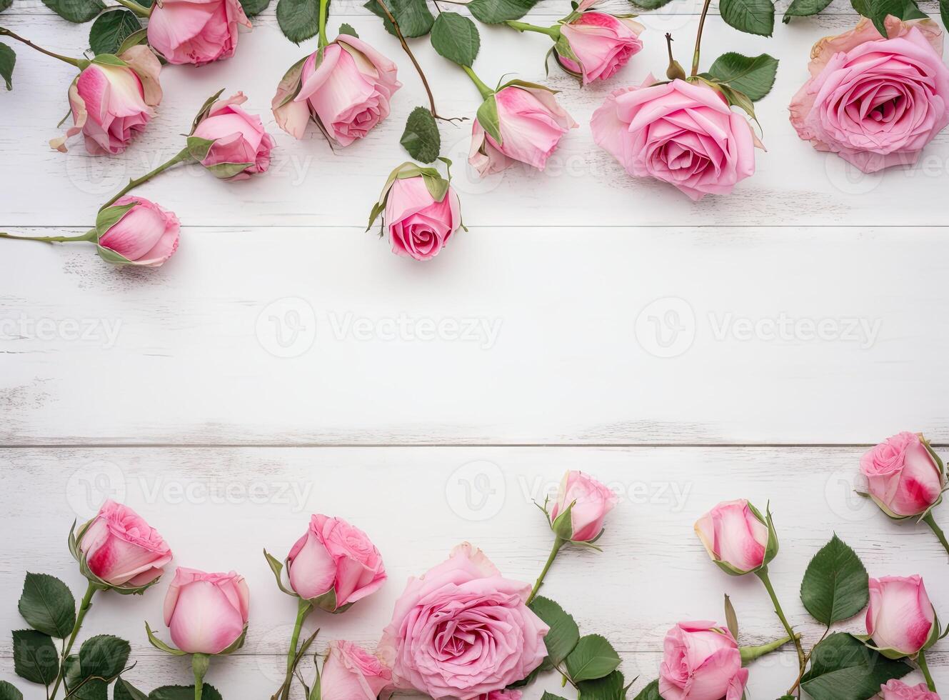 round frame wreath pattern with roses, pink flower buds, branches and leaves isolated on white background. flat lay, top view created with technology. photo