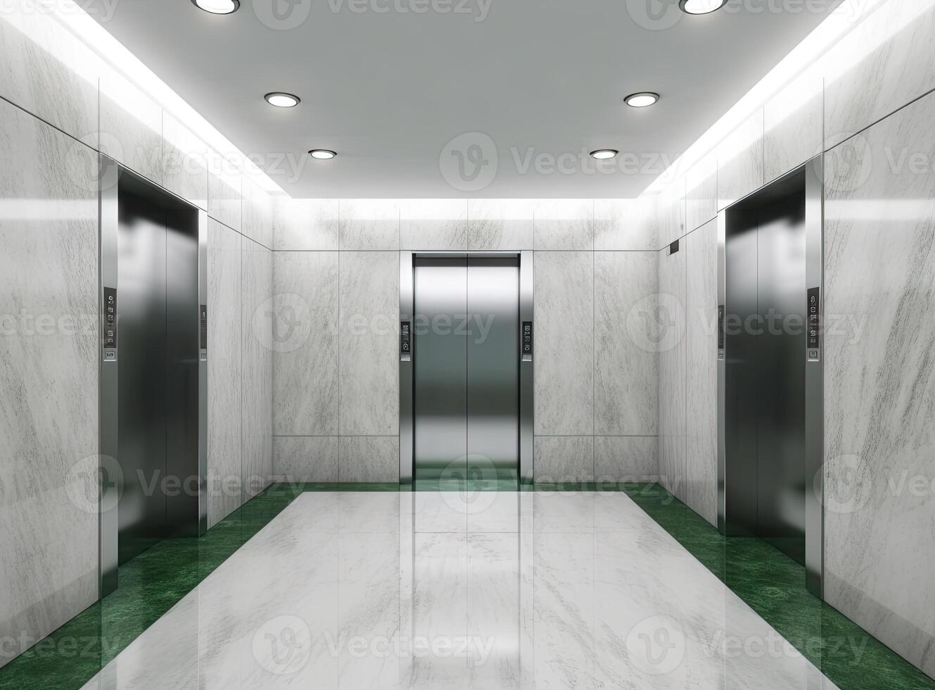 Open and closed chrome metal office building elevator doors realistic photo. Lift transportation floor to floors with push switch for up and down. created with technology. photo