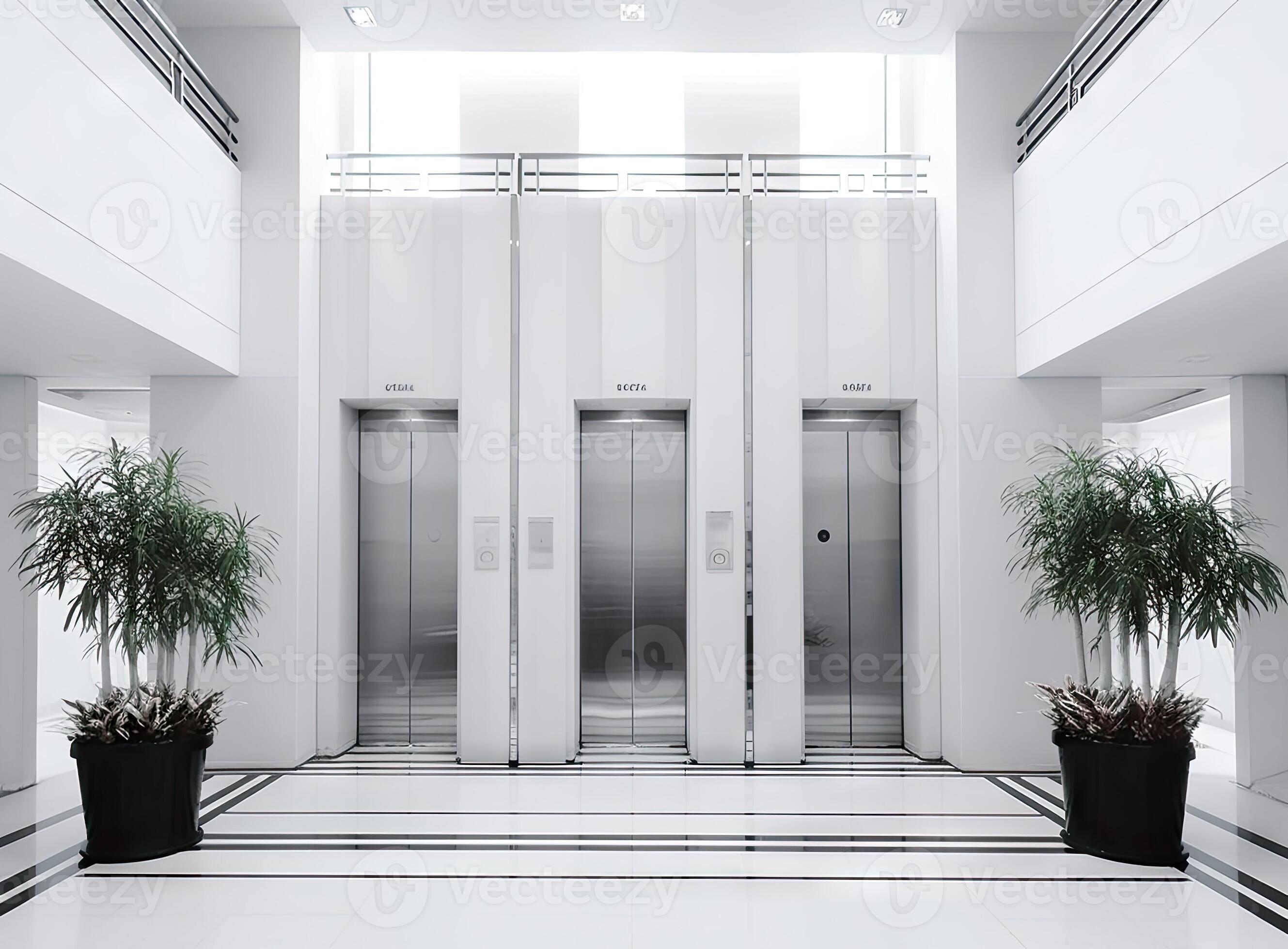 Open and closed chrome metal office building elevator doors realistic  photo. Lift transportation floor to floors with push switch for up and  down. created with Generative AI technology. 25933526 Stock Photo at