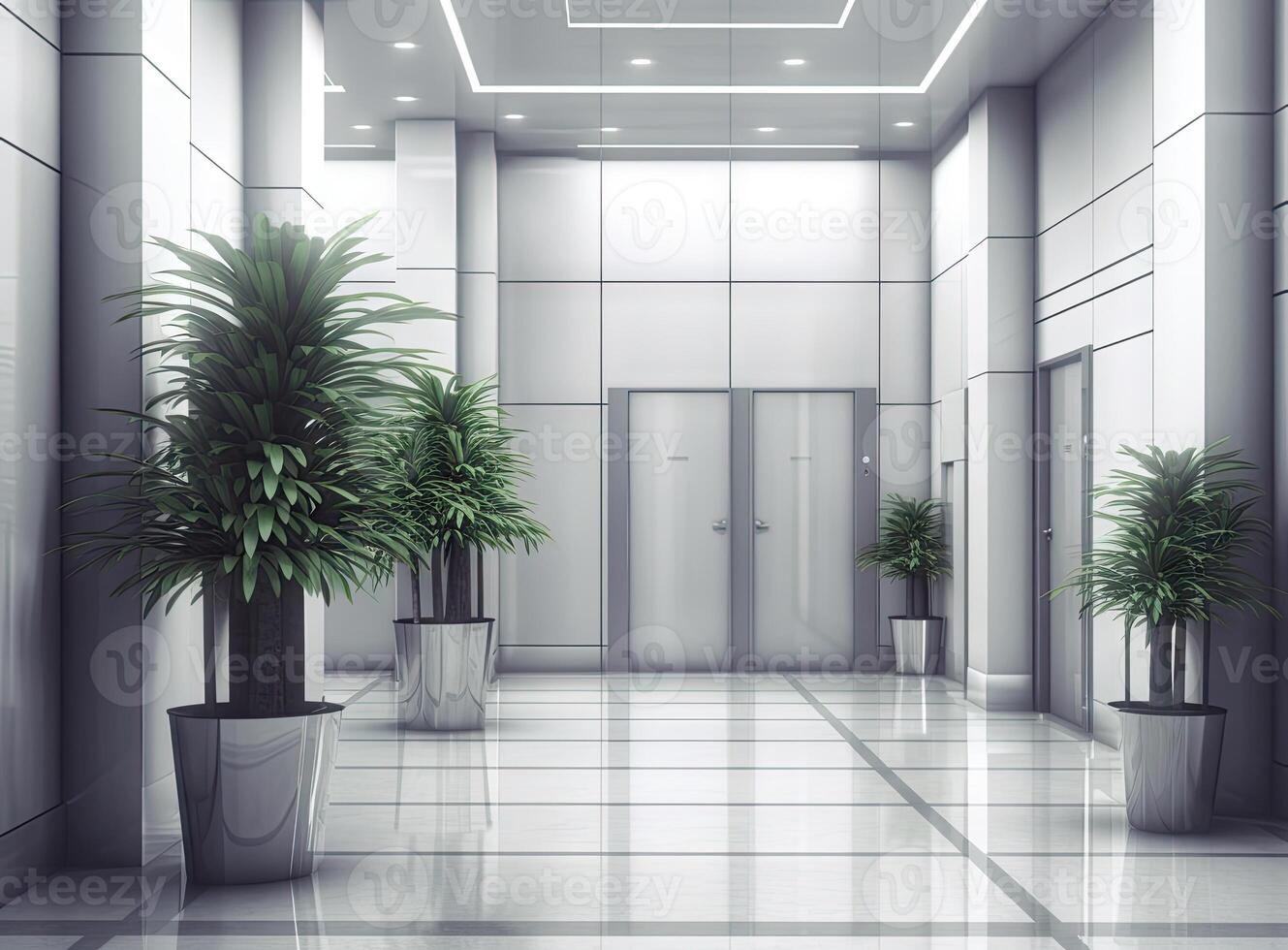 Open and closed chrome metal office building elevator doors realistic photo. Lift transportation floor to floors with push switch for up and down. created with technology. photo