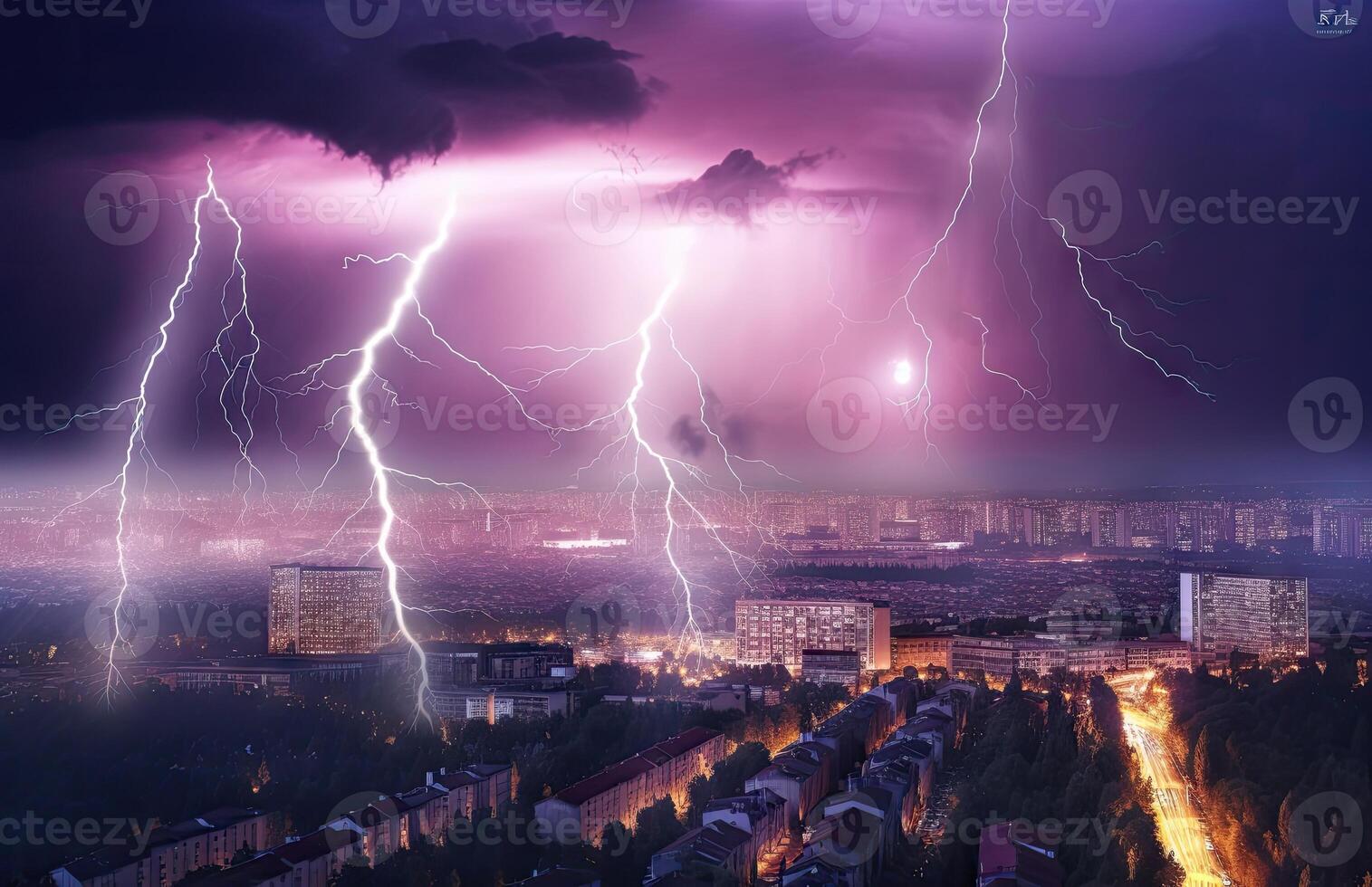 Lightning storm over city in blue light created with Generative AI technology. photo