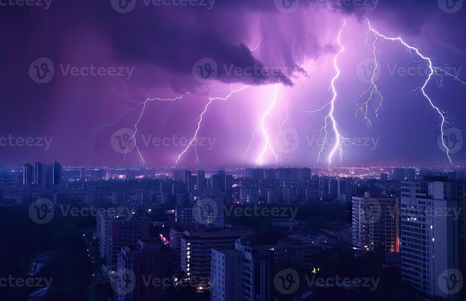 Lightning storm over city in blue light created with technology. photo