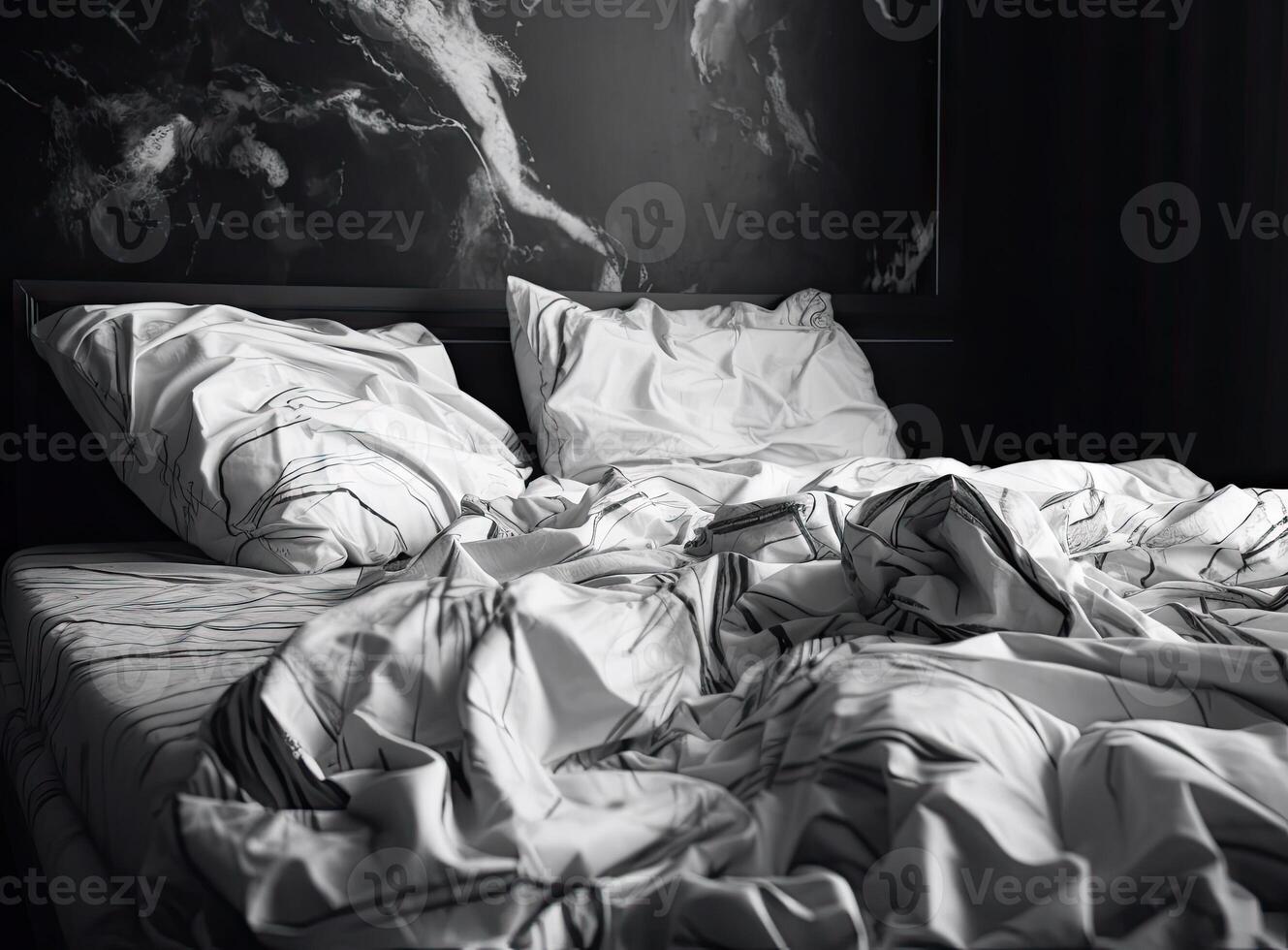 Top view of unmade bedding sheets and pillow ,Unmade messy bed after comfortable sleep concept created with technology. photo