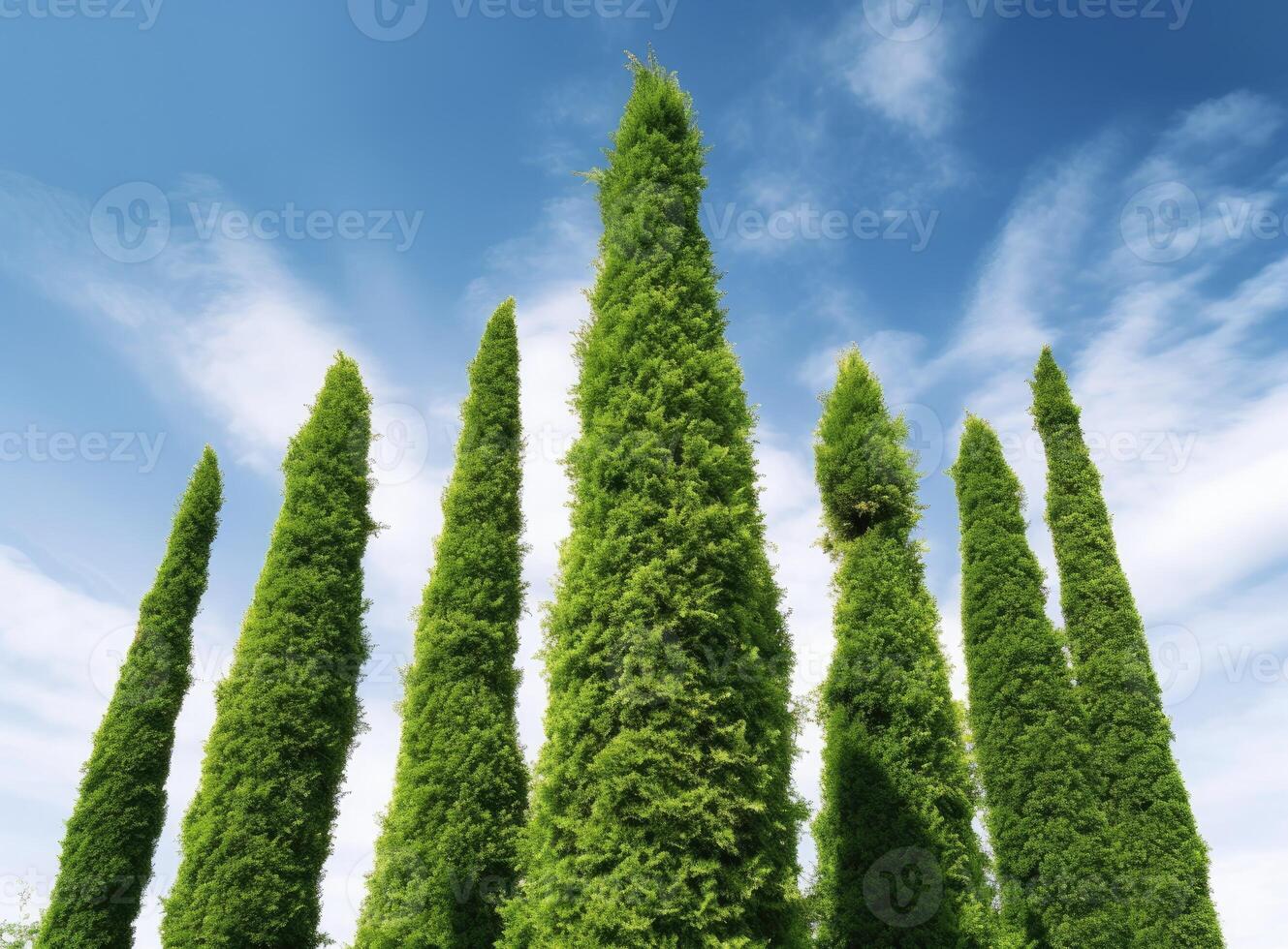 Western thuja emerald green hedge, evergreen trees planted abreast make dense natural wall. Landscape design concept created with technology. photo