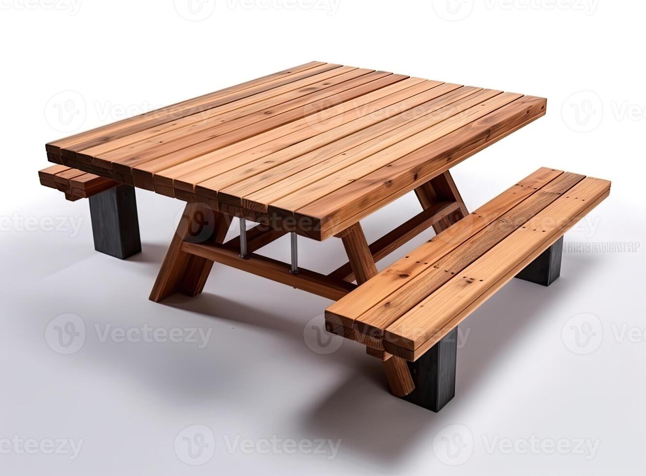 Wooden picnic table and benches isolated on white background created with technology photo