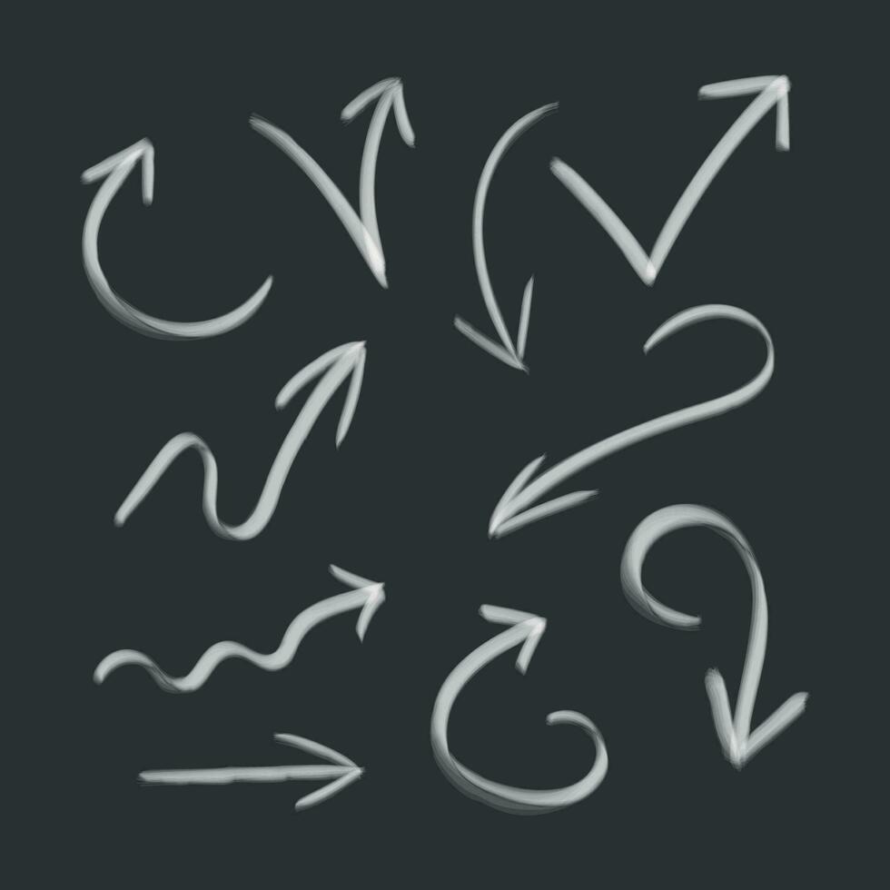 Hand drawn arrow set icon. Collection of pencil sketch symbols. Vector illustration on black background.