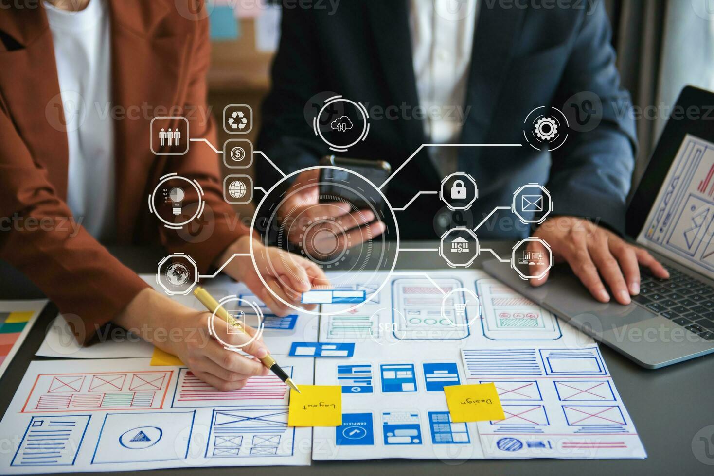 UX graphic designer planning application process development prototype wireframe for web smart phone. Creative digital development agency. photo