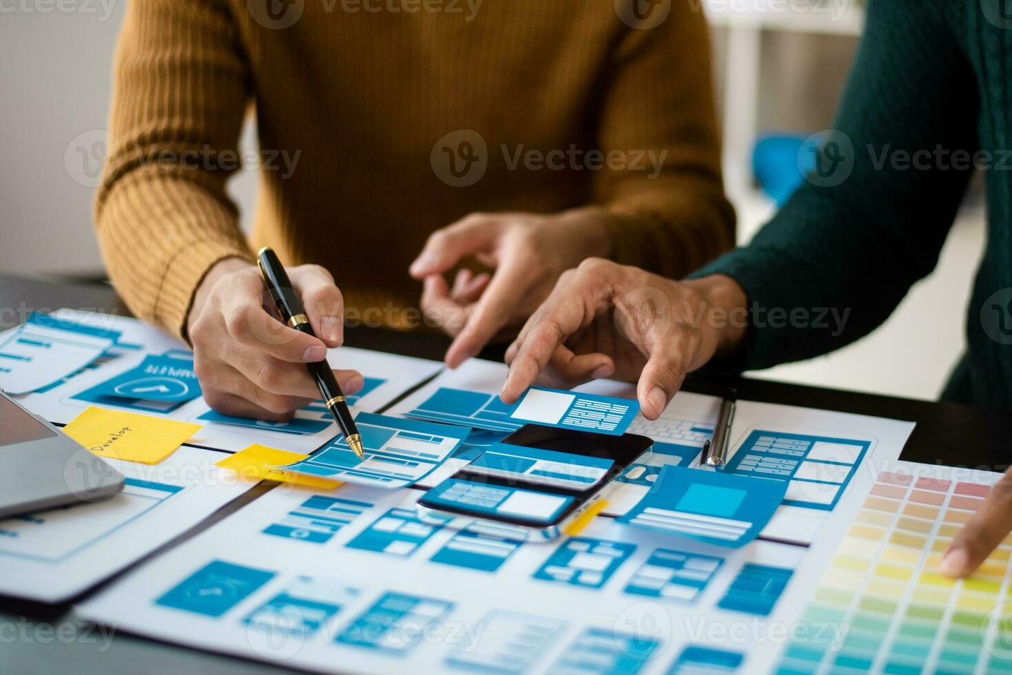 UX graphic designer planning application process development prototype wireframe for web smart phone. Creative digital development photo