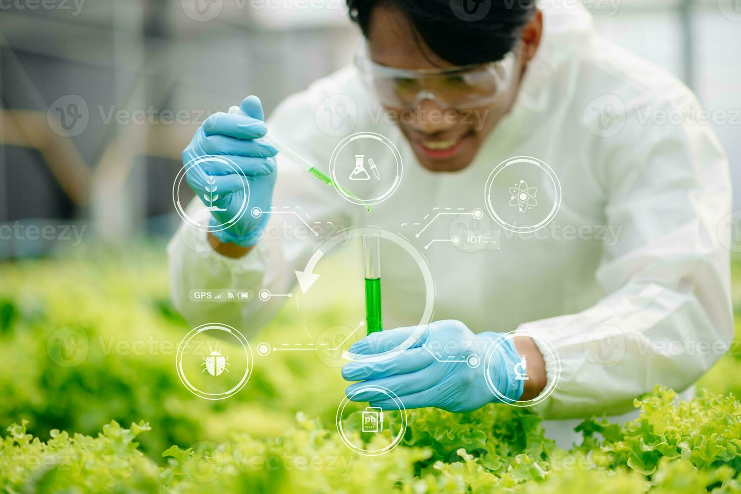 Researcher in white uniform are checking with ph strips in hydroponic farm and pH level scale graphic, science laboratory greenhouse concept. photo