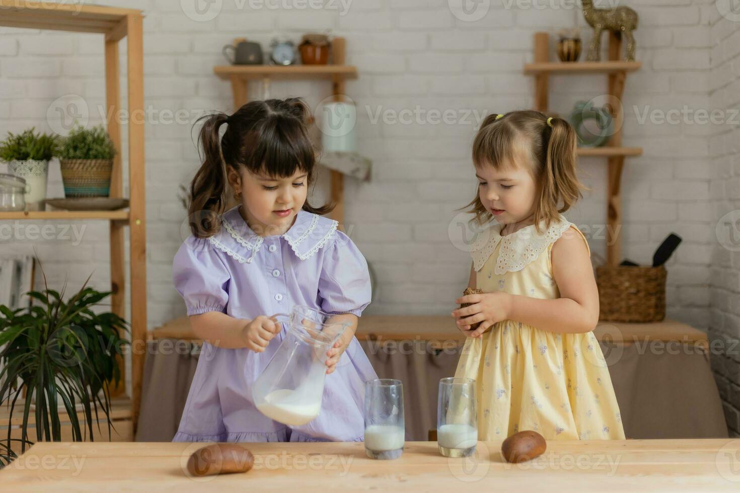 little happy girls fool around in the spring and cook in the kitchen photo