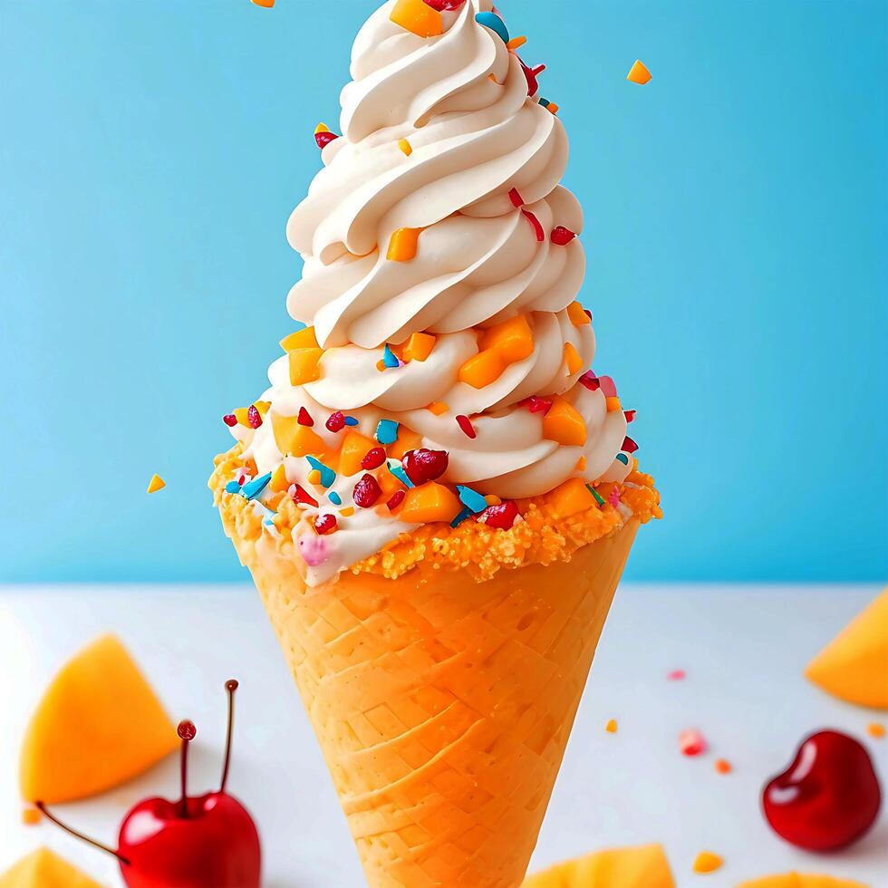 Mango ice cream with sprinkle and cherry fruits generated by AI free photo