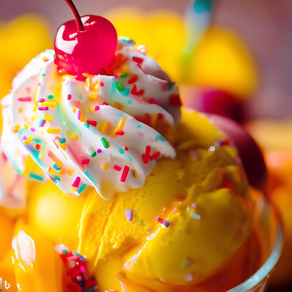 Mango ice cream with sprinkle and cherry fruits generated by AI free photo