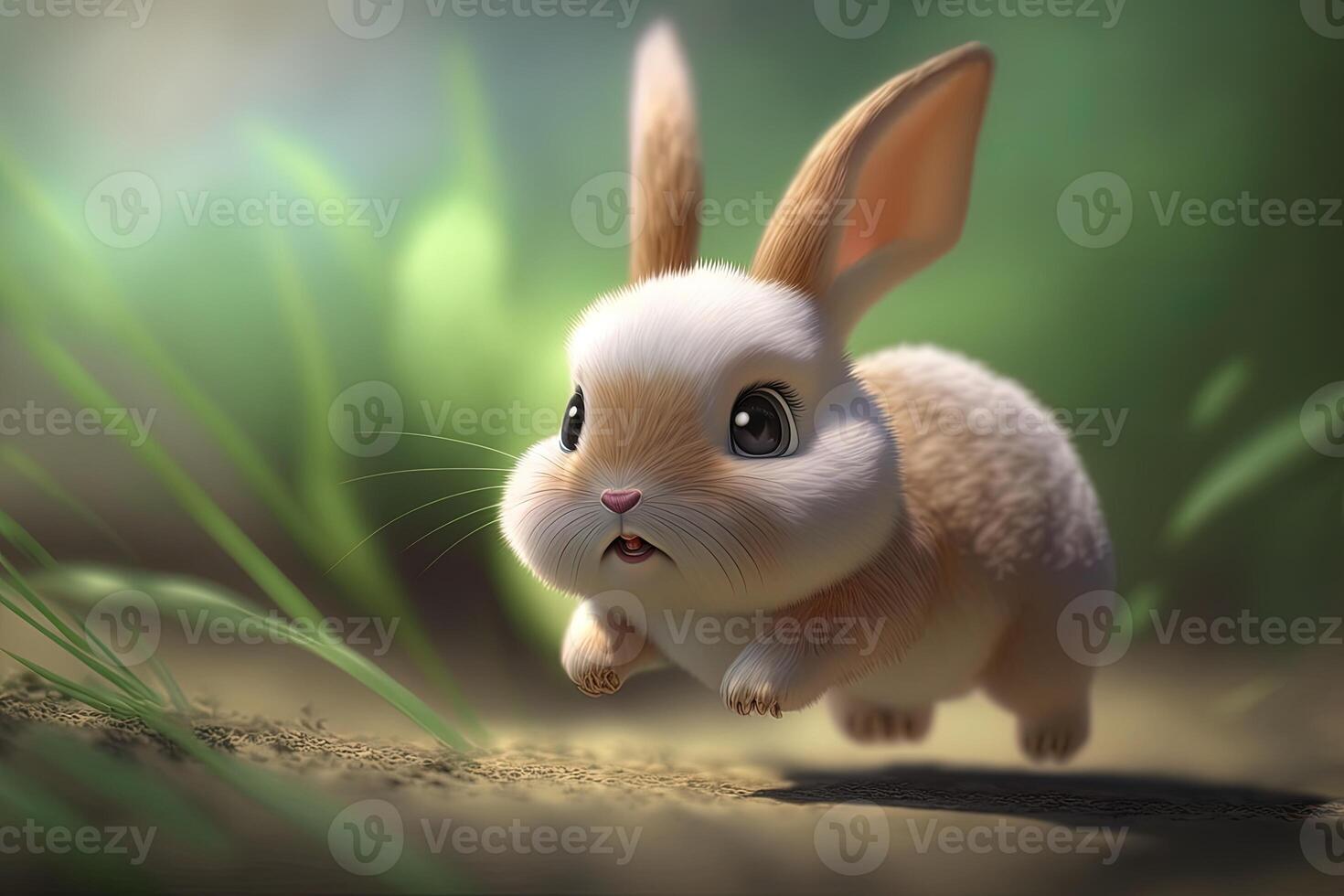 A little bunny jumping with a blurred background generated by AI