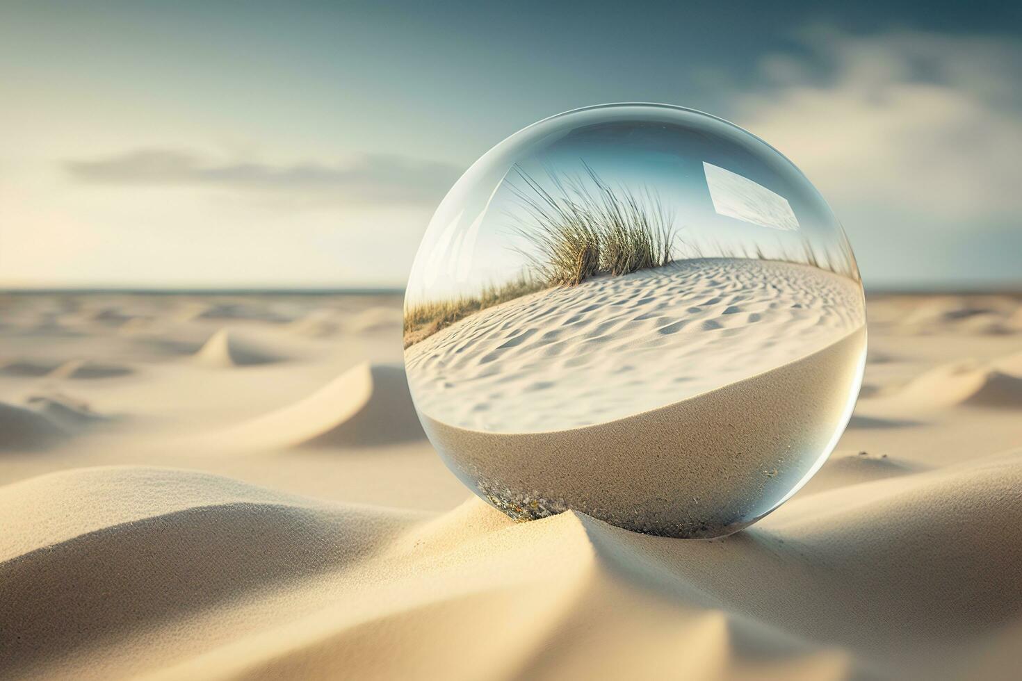 A clear ball on the beach background, generated by AI photo