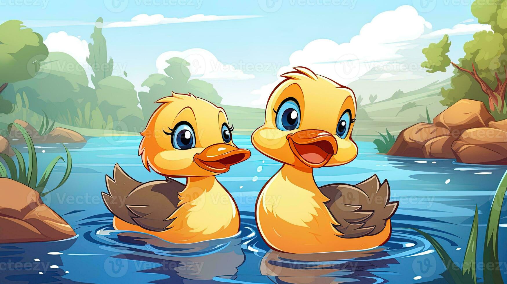 Ducks swimming in the river, generated by AI photo