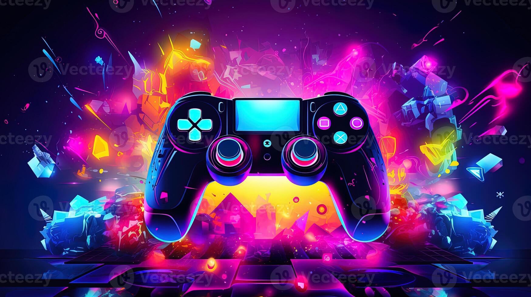 Abstract neon light gaming background, generated by AI photo