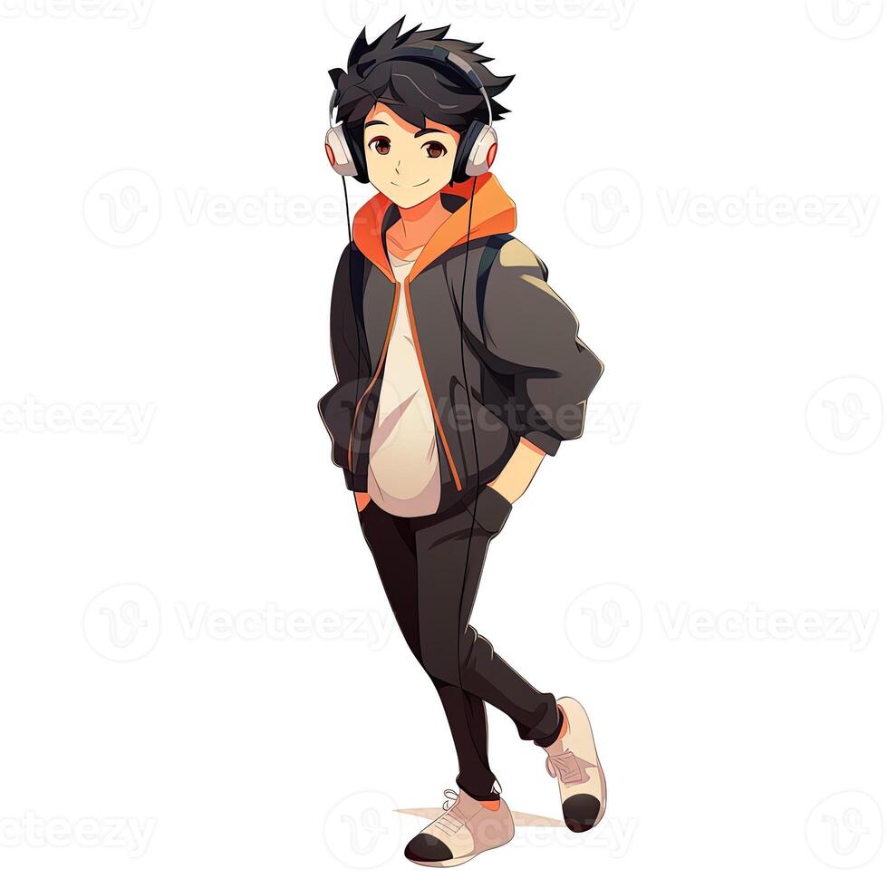 frio anime chico estilo con auriculares, generado por ai foto