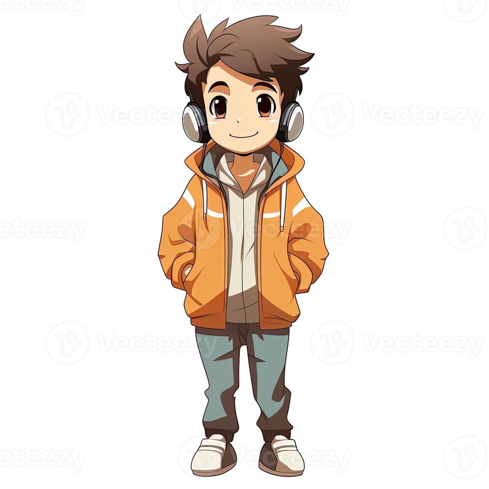 Cool anime boy style with earphones, generated by AI photo