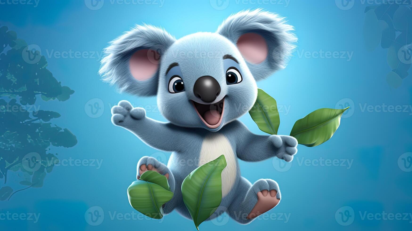 3D illustration of a cute koala with leaves, generated by AI photo