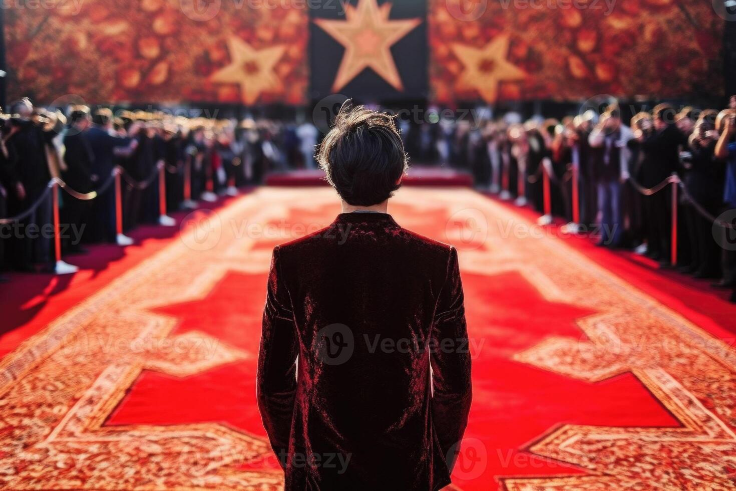 World entertainment star on the red carpet of a festival back view. Generative AI photo