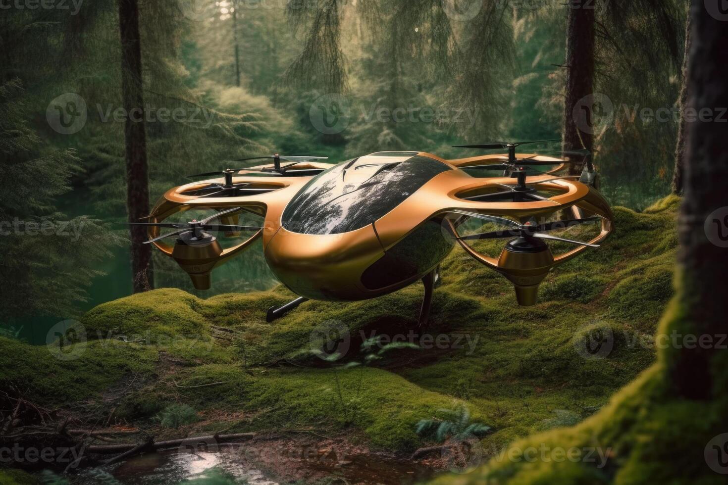 Futuristic drone flies into the forest among the trees. photo