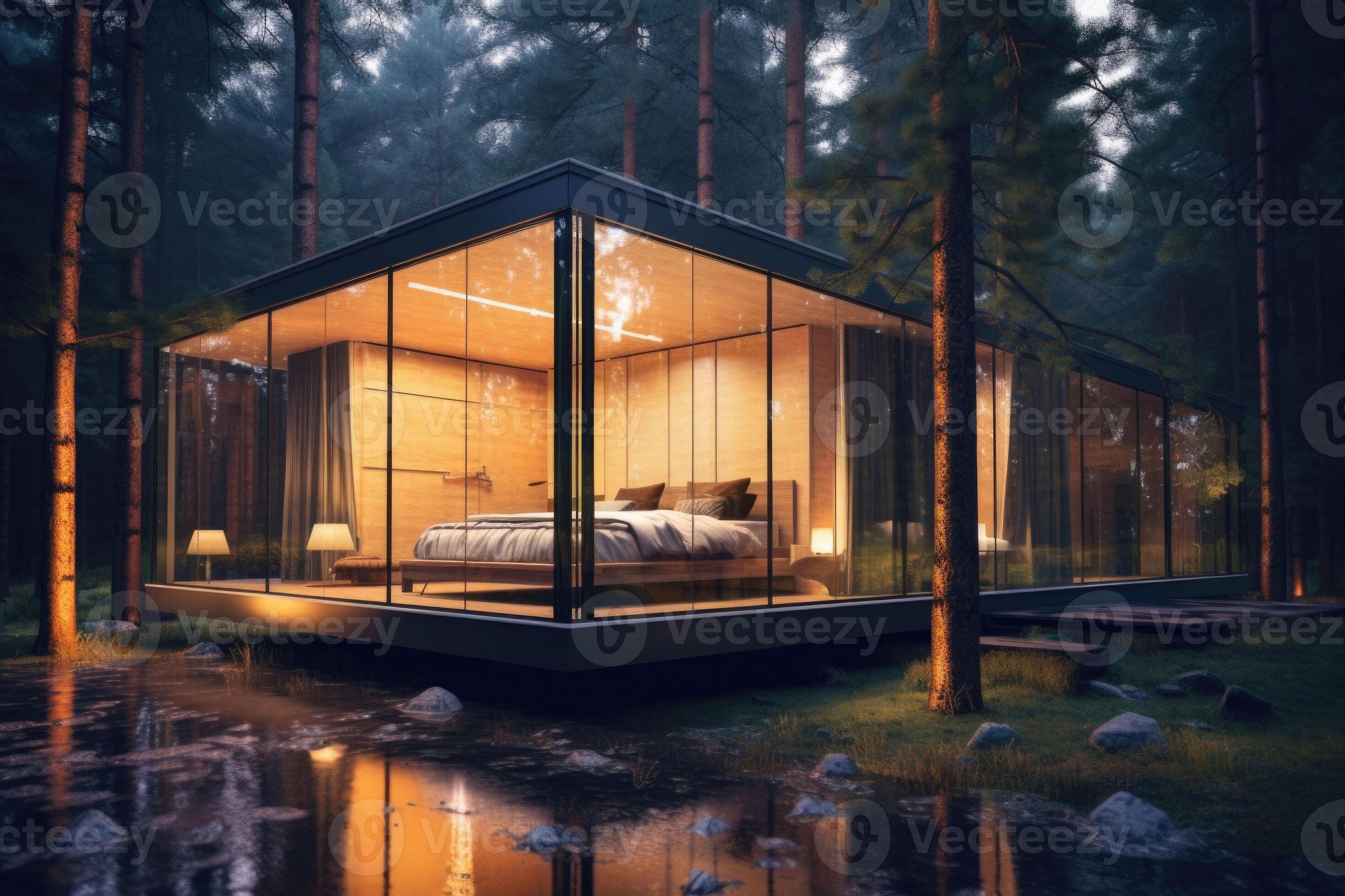 Modern luxury villa exterior. Glass cottage in the woods. Cabin house