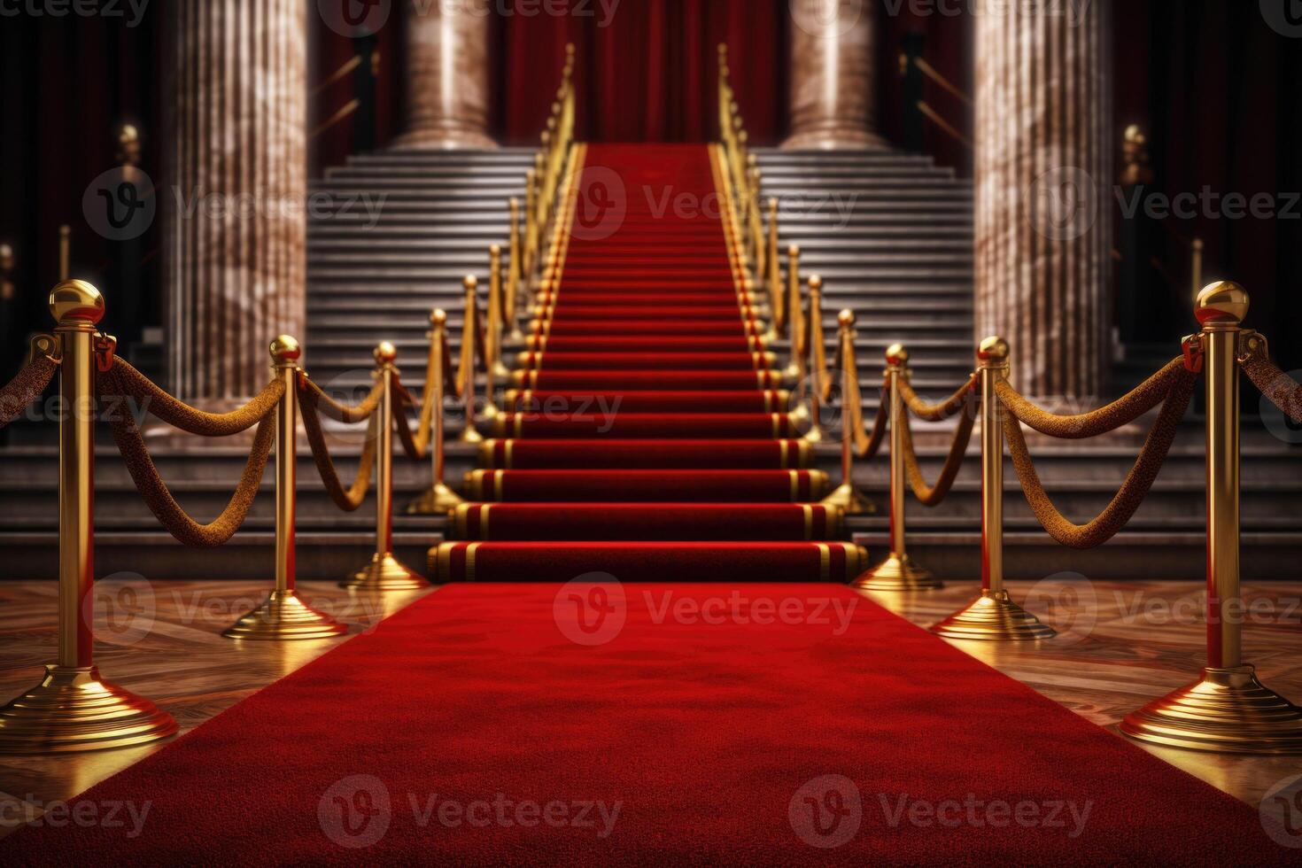 Awards show background. Red velvet carpet between golden barriers connected by a rope. photo