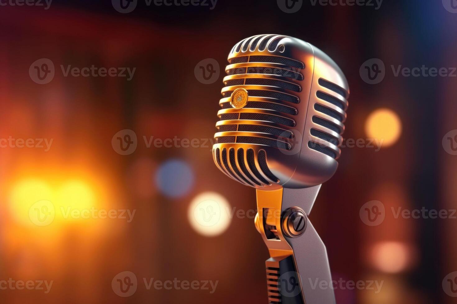 Microphone music background with lighting. Concept public speaking on stage. Generative AI photo