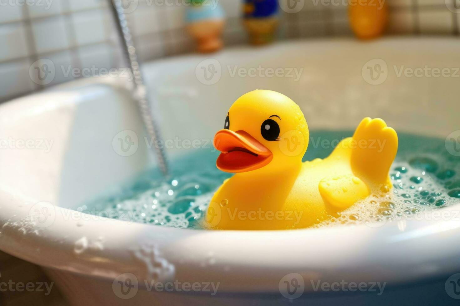 Yellow duck toy in the bathtub. Bath time concept. Generative AI photo