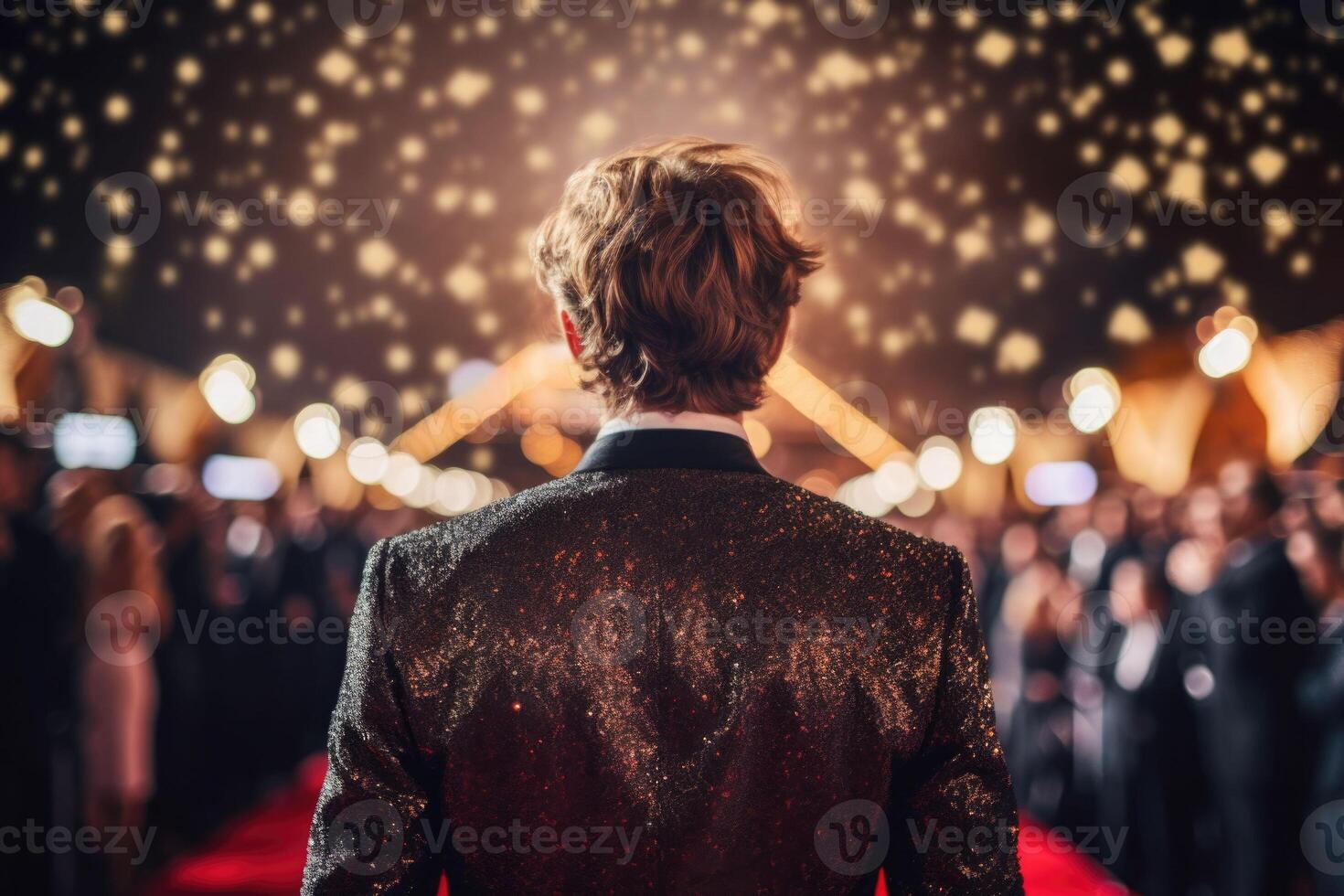 World entertainment star on the red carpet of a festival back view. Generative AI photo