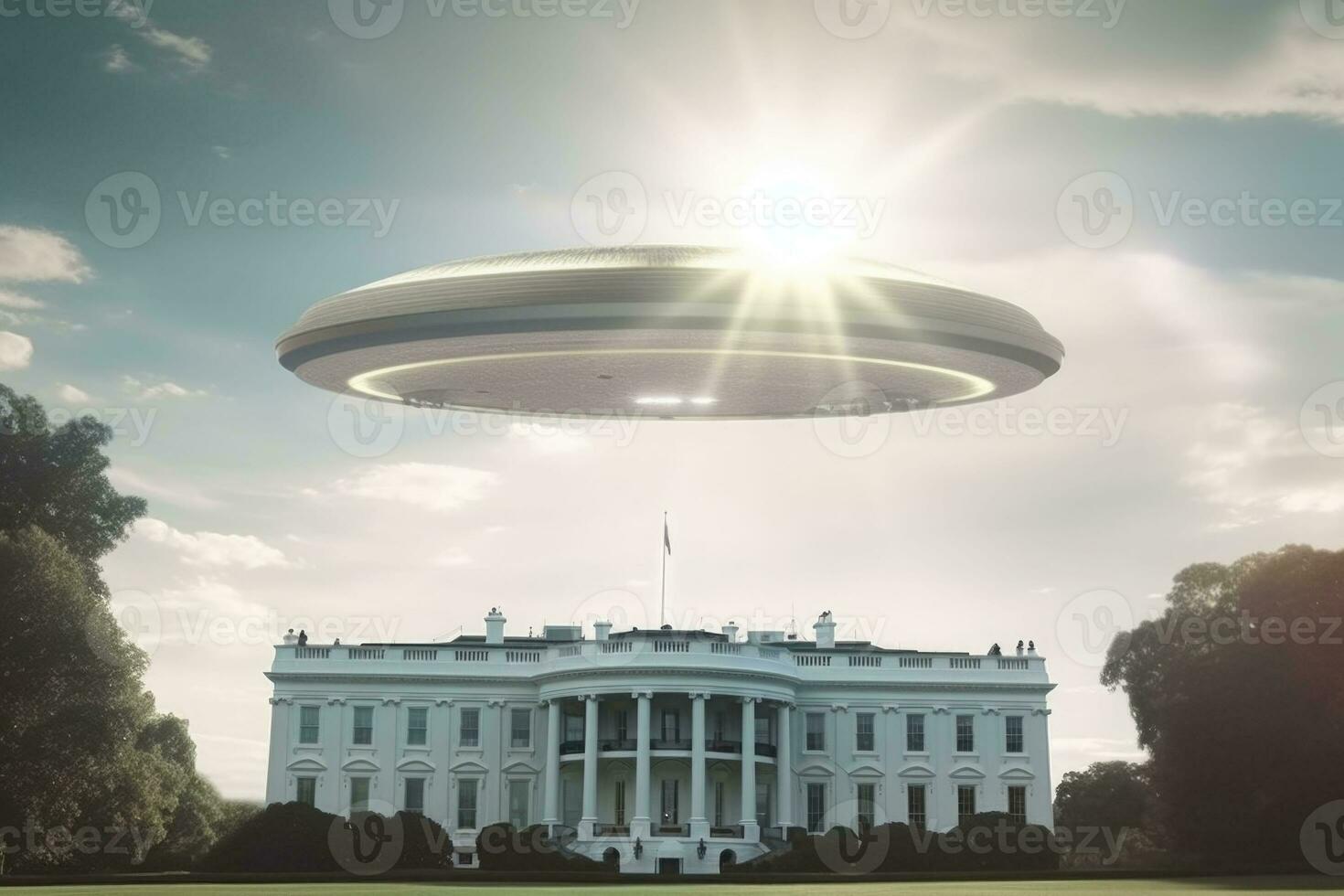 extraterrestre OVNI astronave mosca encima blanco casa gobierno de Estados Unidos con Dom ligero. generativo ai foto