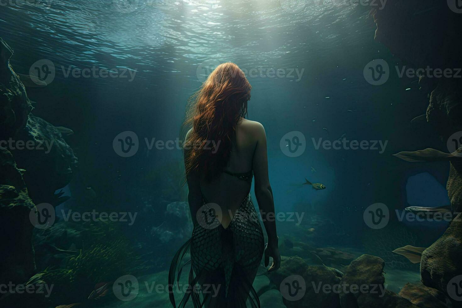 A black-skinned mermaid with dark hair floating under the water. Generative AI photo