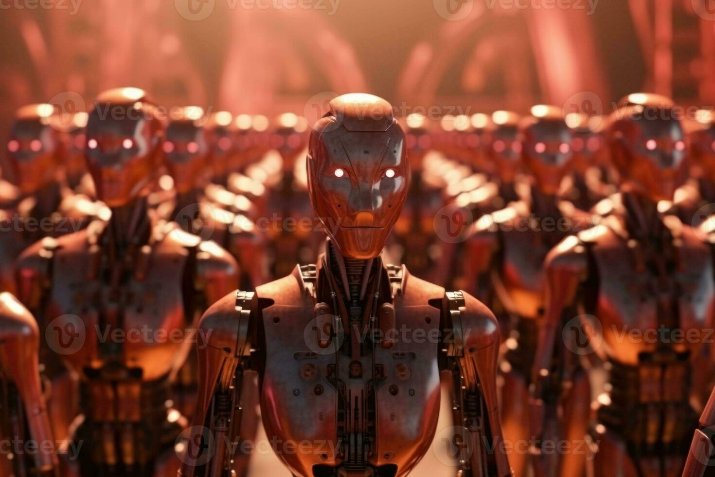Humanoid robots army or group of cyborgs in factory. Generative AI photo