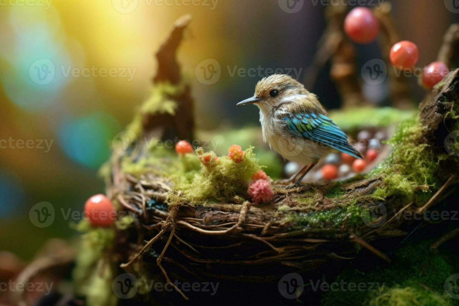 A little cute bird on a bird nest with colorful sparkly eggs is hidden on a branch. Generative AI photo