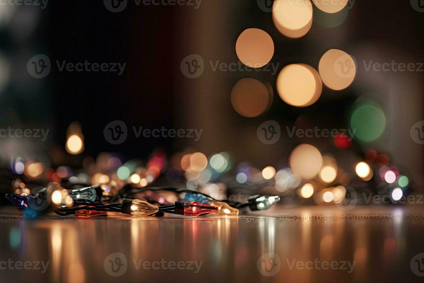 Festive background garland bokeh. Colorful string lights on a dark background. Generative AI photo