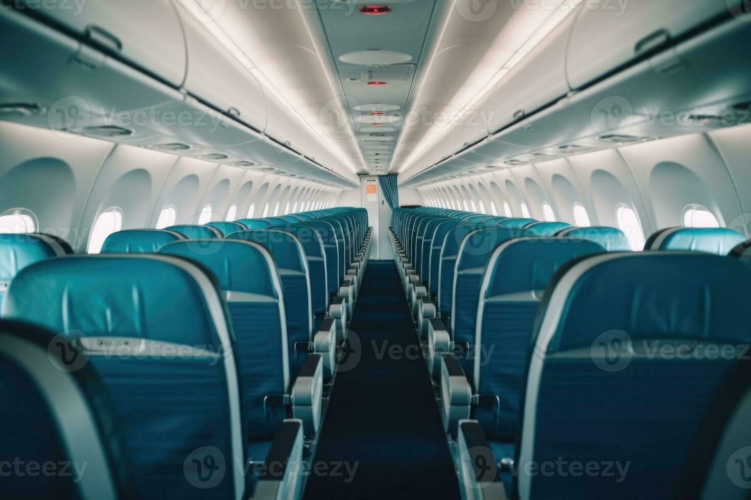 Interior of modern aircraft with flight seats and hallway in daytime during flight. Generative AI photo