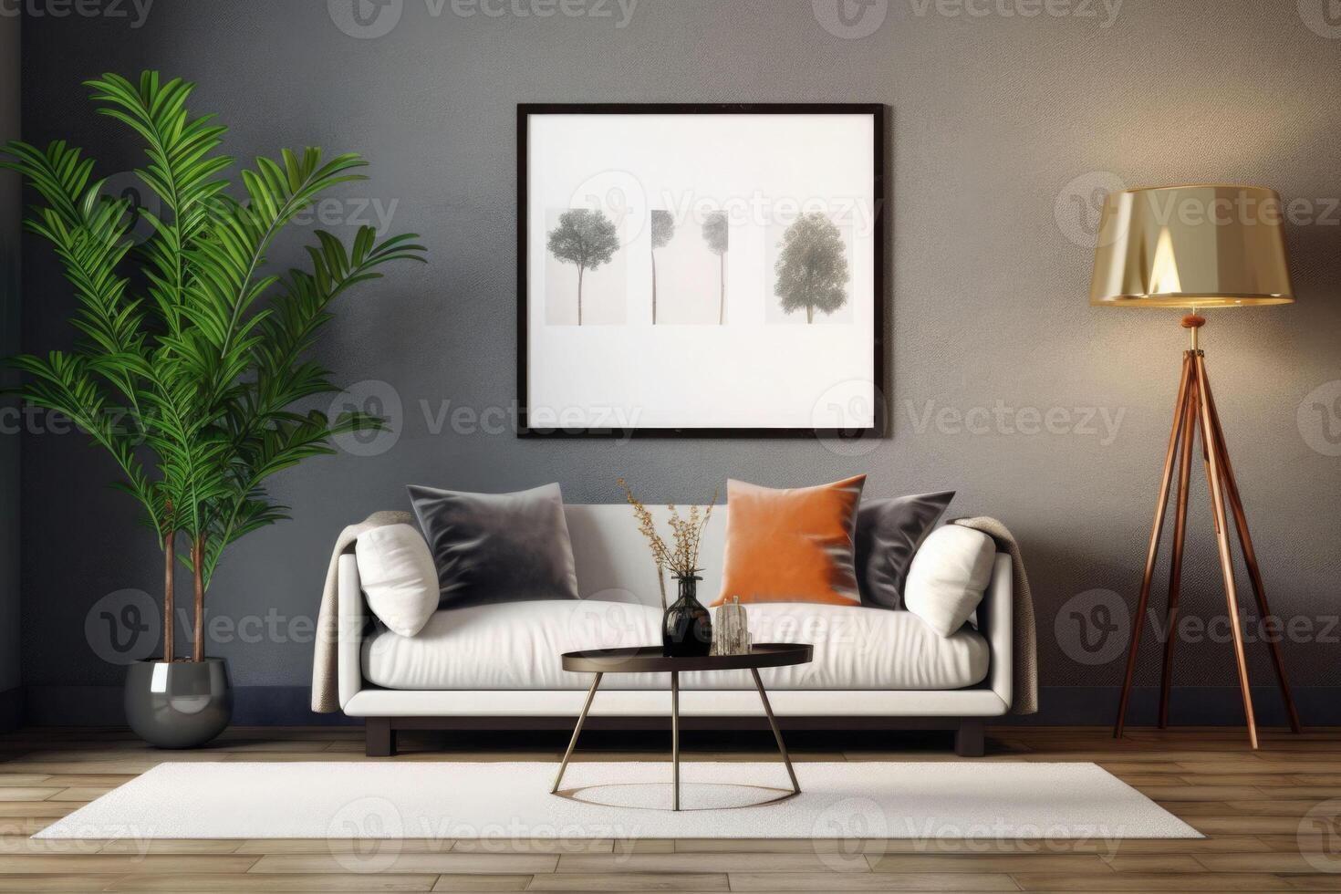 Stylish living room interior with sofa, coffee table, plants, pictures on wall. Generative AI photo