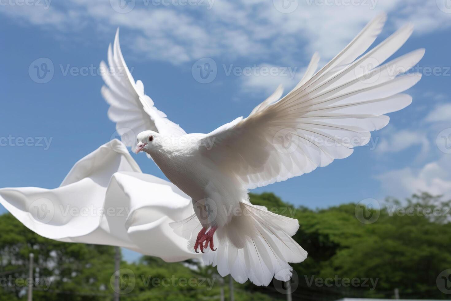 un blanco paloma es tomando apagado. libertad concepto y internacional día de paz. generativo ai foto