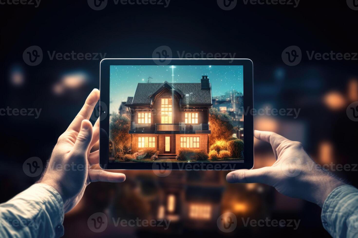 Hands holding tablet showing modern home. Virtual open house showing or