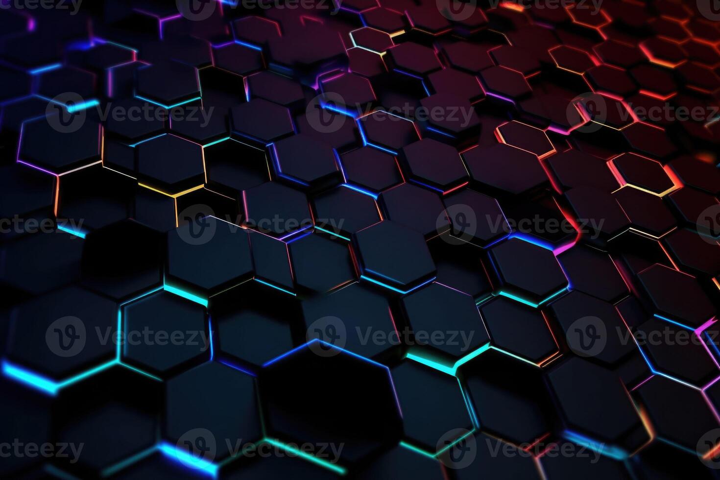 Dark hexagon abstract technology background with colored bright flashes. photo