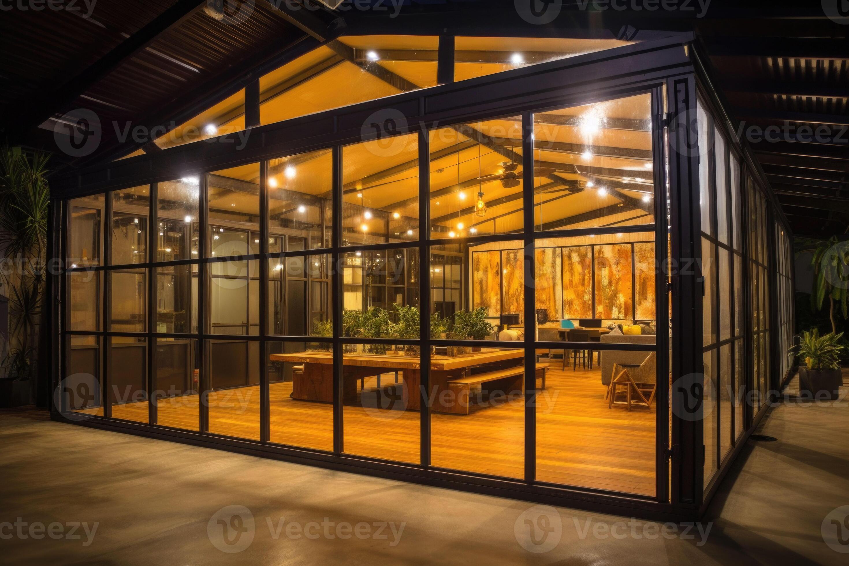 Pavilion with nature view. Steel frame, wood, glass doors. Black loft