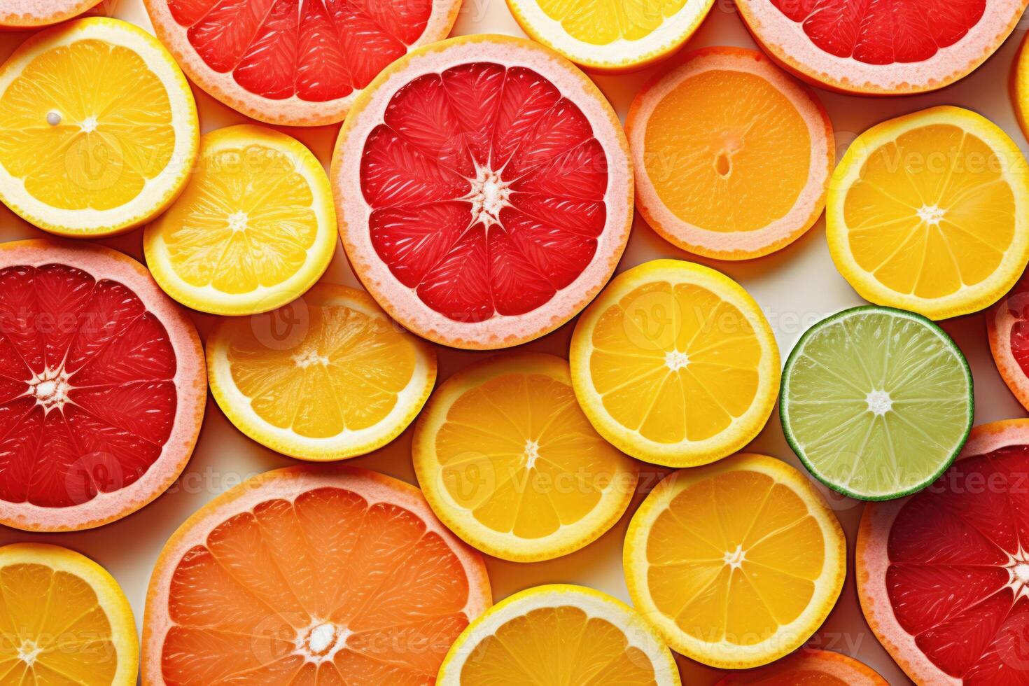 Fresh slices of different types of citrus orange, lime, lemon, grapefruit. photo