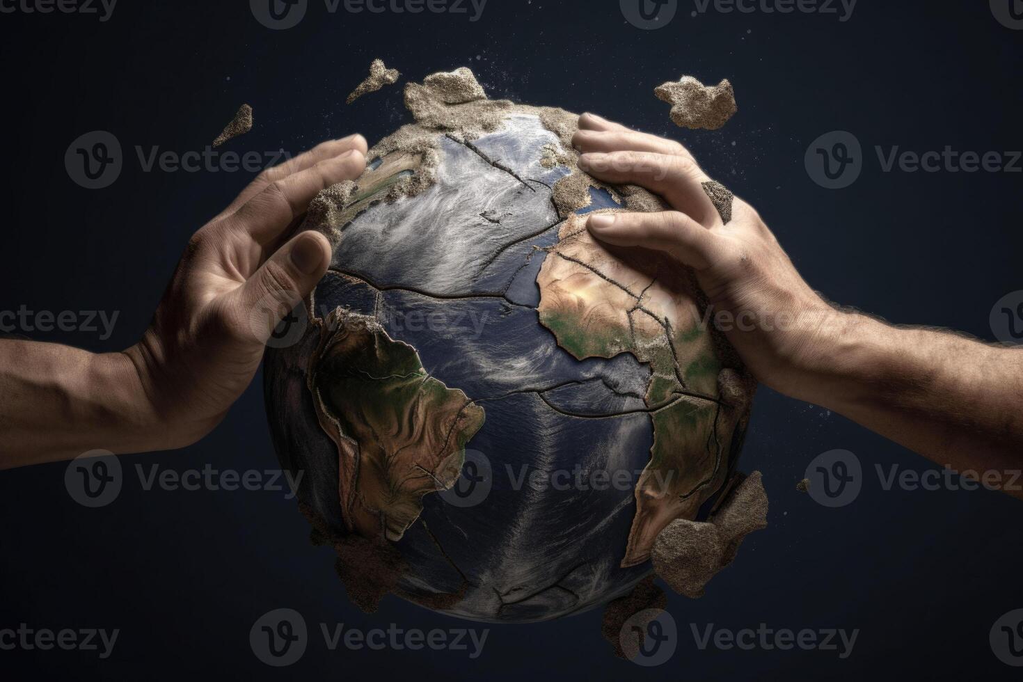 Hands crush the earth globe. Environmental issues. Destroying the Earth. photo