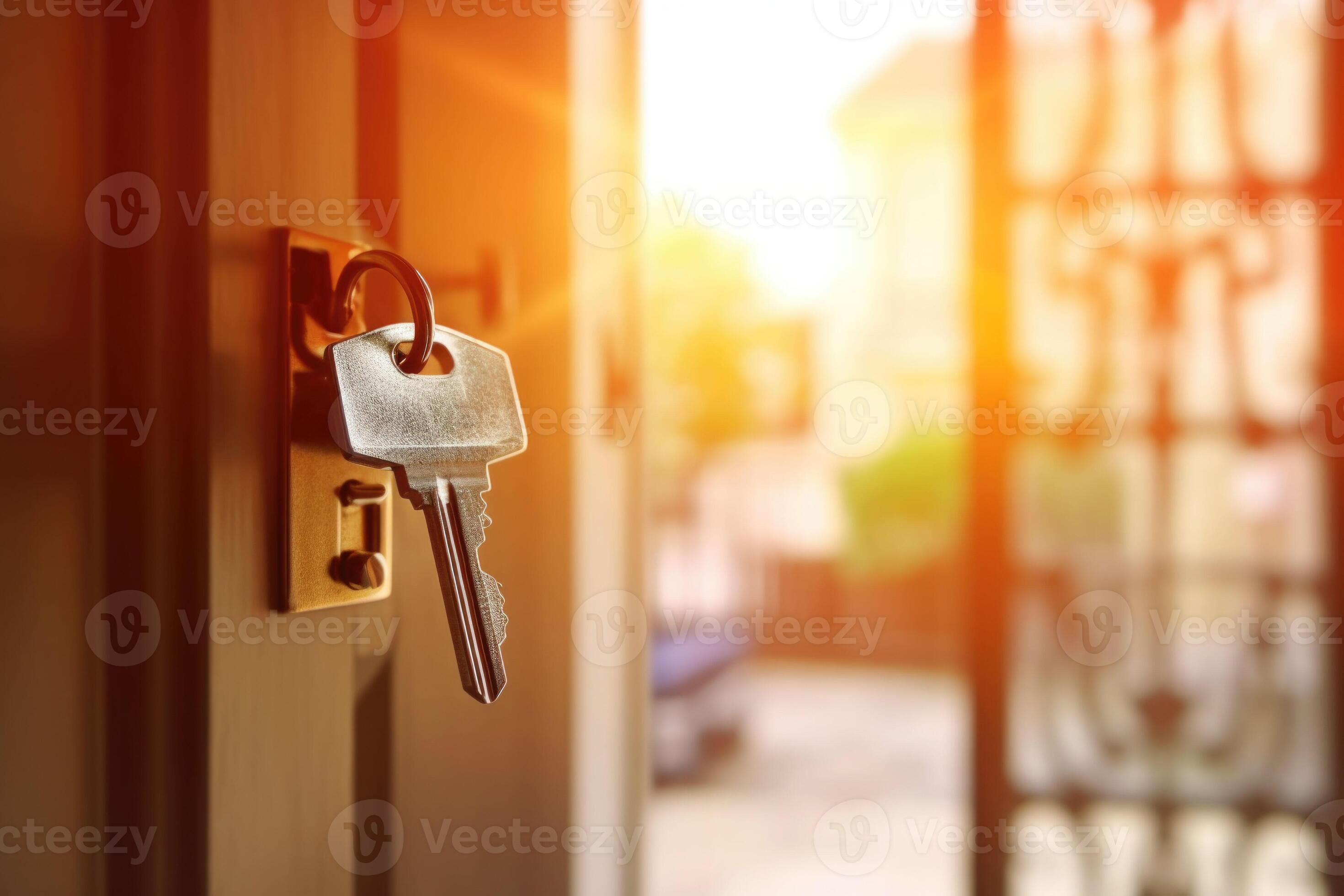 Open door with key in padlock and new apartment on blurred background