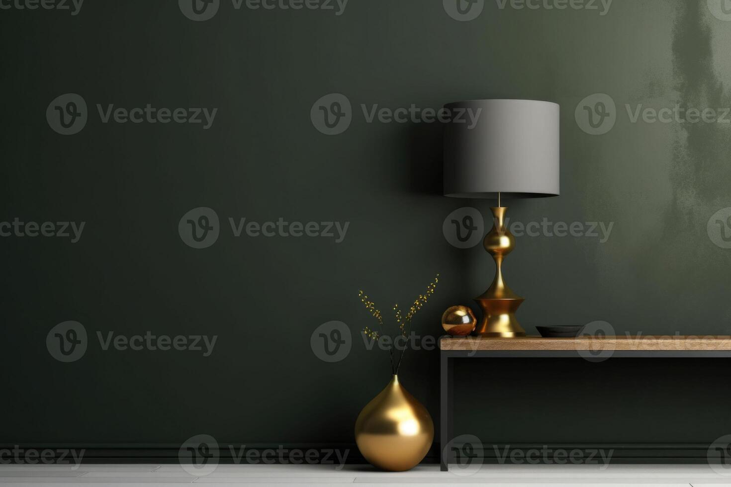 Minimalistic design scandinavian interior with khaki wall. A golden lamp and table. photo