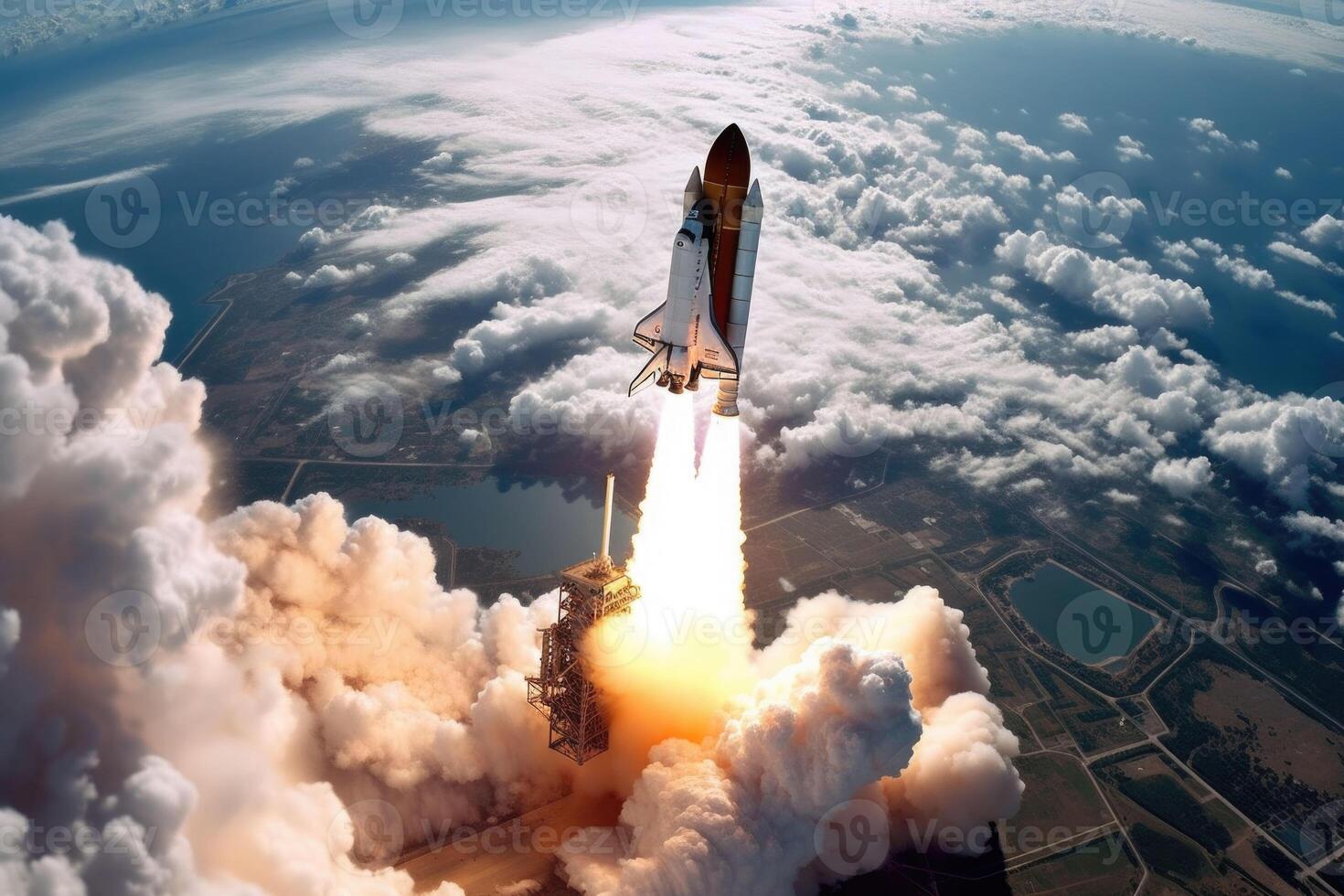 Space shuttle launch taken from space. Aerial earth photography from outer space. photo