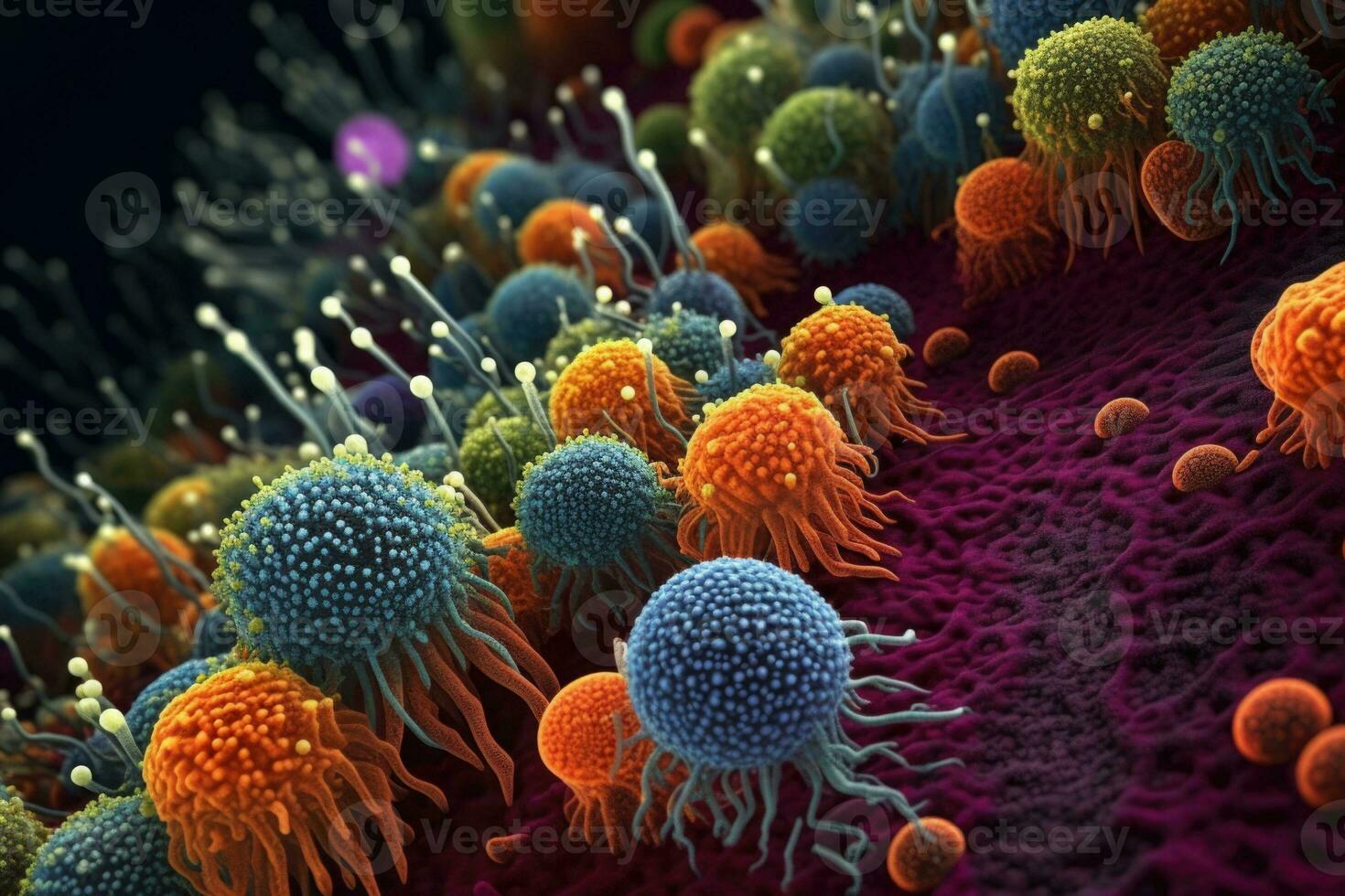 un antecedentes con un macro Disparo de varios microbios, virus células y bacterias generativo ai foto