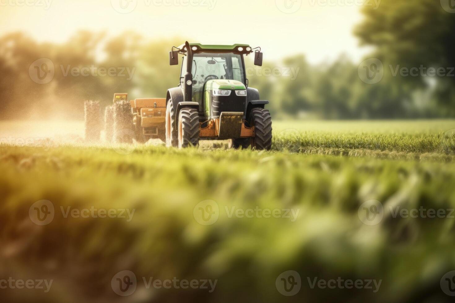 Tractor fertilizing a field. Future technology with agriculture farming concept. Generative AI photo